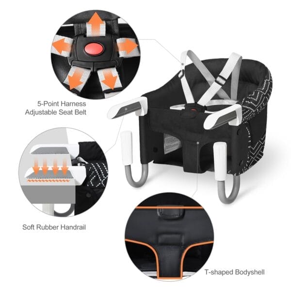 MTWML Portable High Chair for Table,Hook On High Chair That Attaches to Table,Space Saver Clip On Counter Seat for Baby,Easy Clean Baby Feeding Clamp Seat with Carry Bag for Travel(Stripe-Black) - Image 3