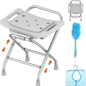 Height Adjustable Folding Shower Chair w/Crossbar, 400lbs Stainless Steel Foldable Shower Chair for Inside Shower, Anti-Slip Portable Travel Shower Stool, Safety Bath Chair for Seniors, Gray