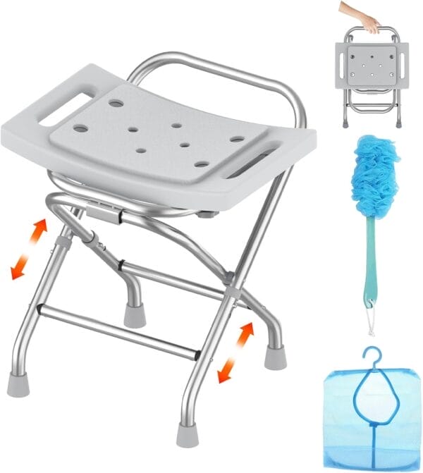 Height Adjustable Folding Shower Chair w/Crossbar, 400lbs Stainless Steel Foldable Shower Chair for Inside Shower, Anti-Slip Portable Travel Shower Stool, Safety Bath Chair for Seniors, Gray