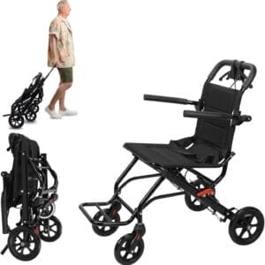 Portable Folding Transport Wheelchair, Lightweight Foldable Wheel Chair for Adults, Travel Wheelchair for Elderly (Black No Pull Rod)