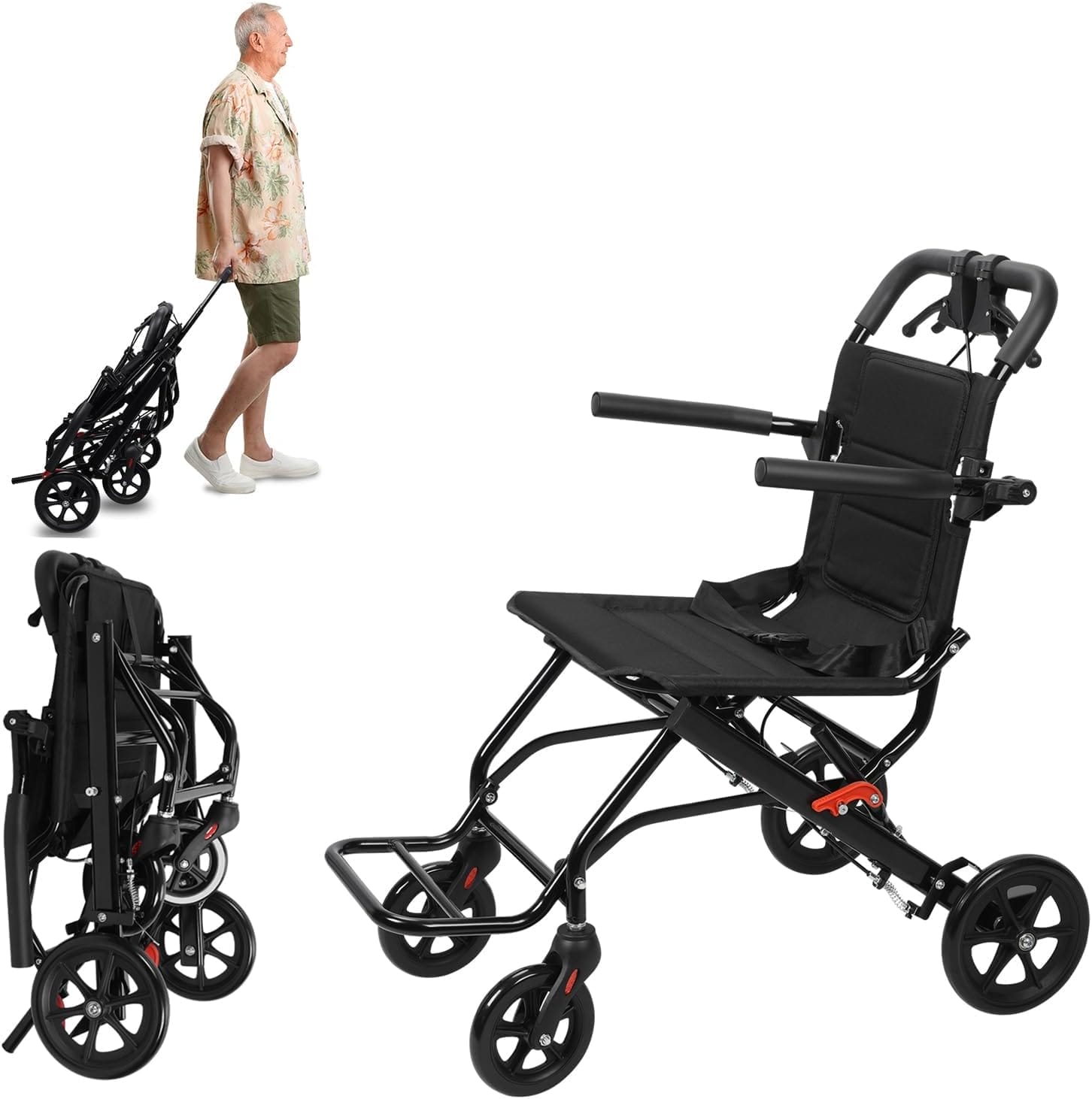 Portable Folding Transport Wheelchair, Lightweight Foldable Wheel Chair for Adults, Travel Wheelchair for Elderly (Black No Pull Rod)