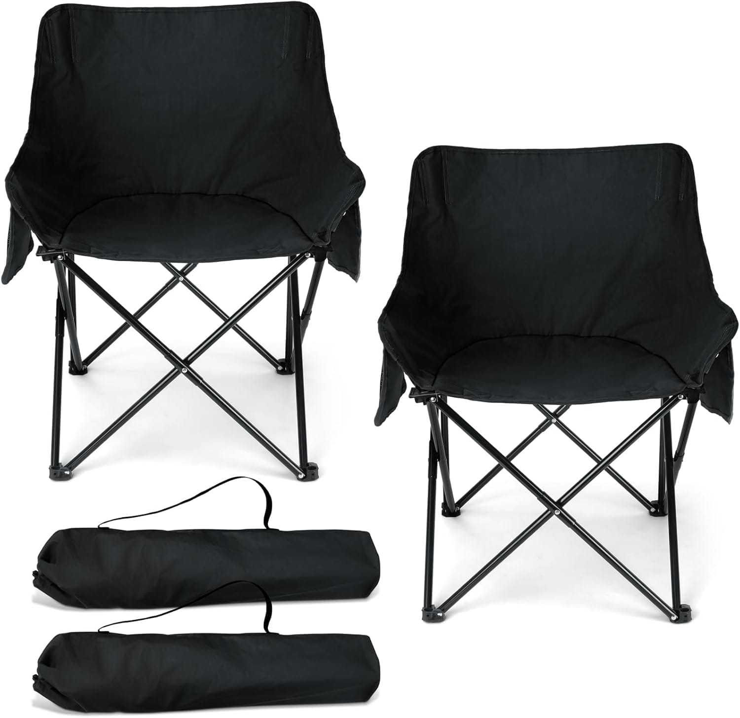 HaSteeL Camping Chair for Adults, Compact Folding Portable Chairs Set with Side Pockets for Outdoors Fishing, Hiking, Backpacking, Picnic, Beach, Travel, Supports to 250lbs, & Storage Bags (Black)