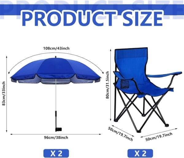 2 Pack Beach Chair with Umbrella for Adults Universal Clamp Folding Lightweight Adjustable Backpack Sling Beach Camping Chair with Cup Holder for Sand Camping Travel Outdoor Pool(Blue) - Image 2