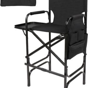 mefeir 30" Tall Directors Chair Black Folding with Side Table Storage Bag,Portable Makeup Artist Bar Height, Aluminum Frame 300 lbs Capacity, 19.2" D x 23.6" W x 45.6" H