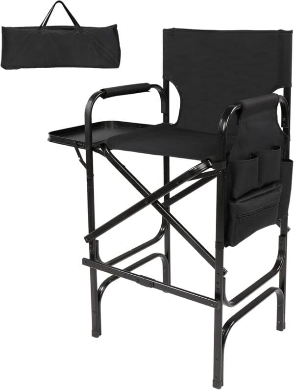 mefeir 30" Tall Directors Chair Black Folding with Side Table Storage Bag,Portable Makeup Artist Bar Height, Aluminum Frame 300 lbs Capacity, 19.2" D x 23.6" W x 45.6" H