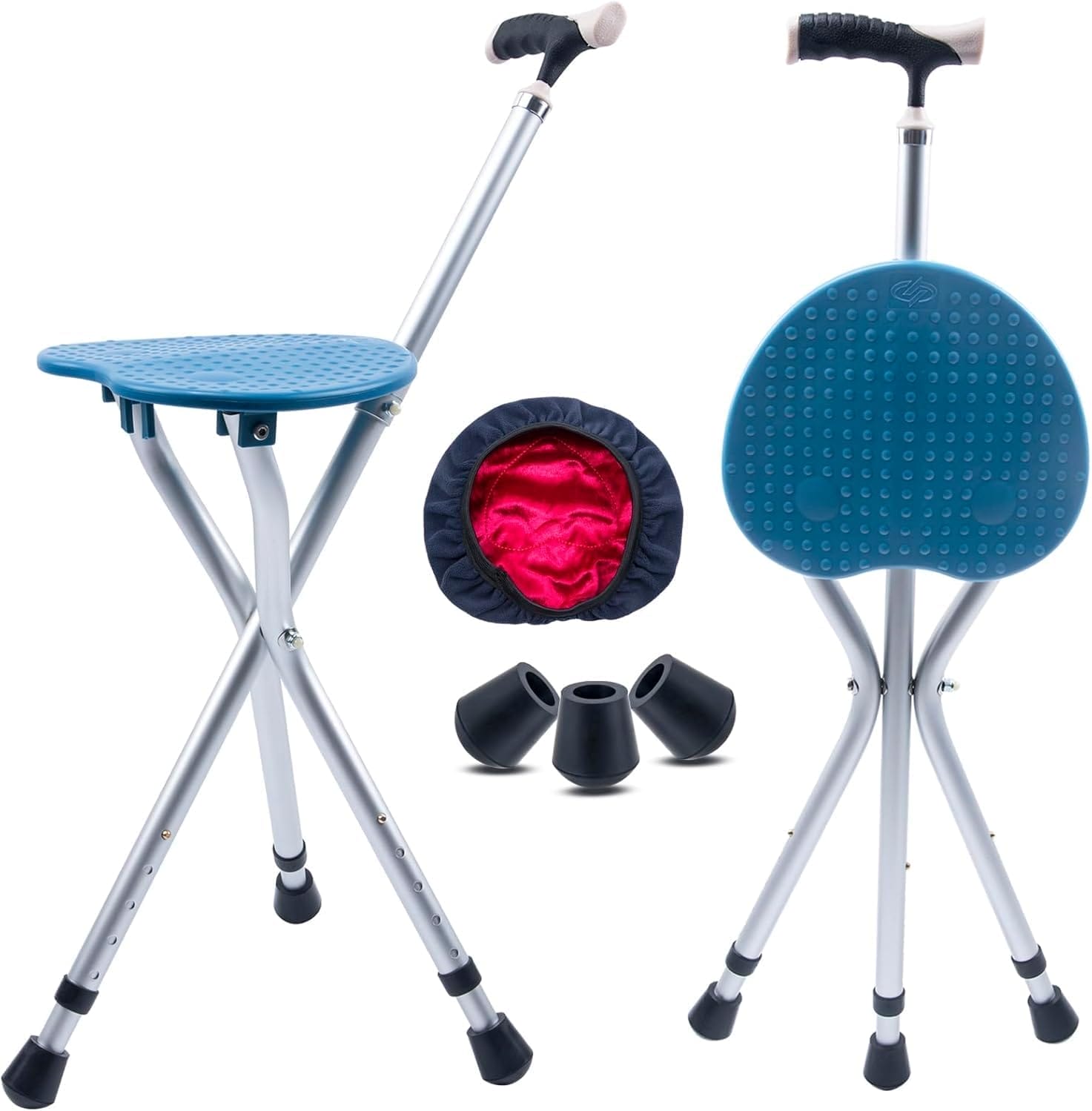 Walking Cane with Seat Cane Chair Foldable Walking Stick with Seat, Adjustable Cane Stool for Seniors Elderly, Lightweight Aluminum, Easy Carry (Blue)