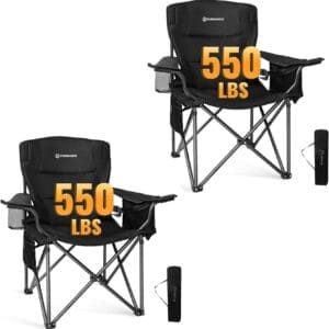 FUNDANGO Oversize Fold Camping Chair for Adults 2 Pack, 550 Lbs Portable Beach Fishing Lawn Chair with Cushion seat & Back, 4-can Cooler & Cup Holder, Carry Bag Included for Outdoor (2 Pack/Black)