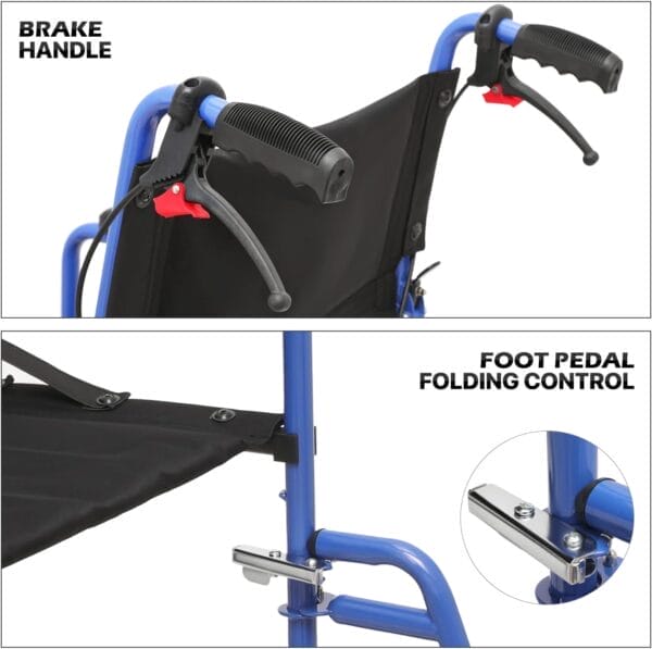 monicare Lightweight Wheelchair 16 inch Seat Ultralight Transport Chair with Locking Hand Brakes and Swing-Away Foot Rests Foldable Wheel Chair for Adults, 250 lbs Capacity, Blue - Image 12
