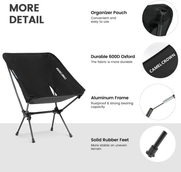 CAMEL CROWN Portable Camping Chair Folding Compact Lawn Lightweight Backpacking Chair with Carry Bag for Outdoor Hiking Beach Travel Picnic Festival Black - Image 5