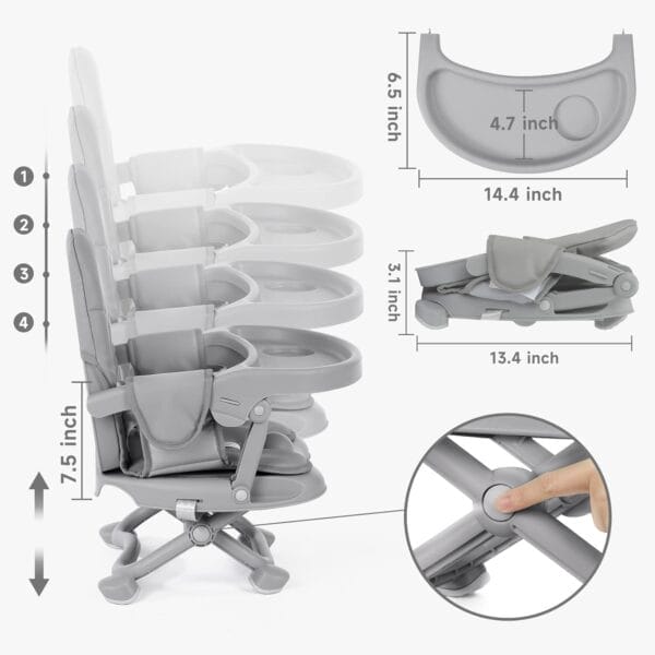 YOLEO Baby High Chair Booster Seat for Dining Table, Adjustable Height Travel Foldable High Chairs with Tray - Image 8