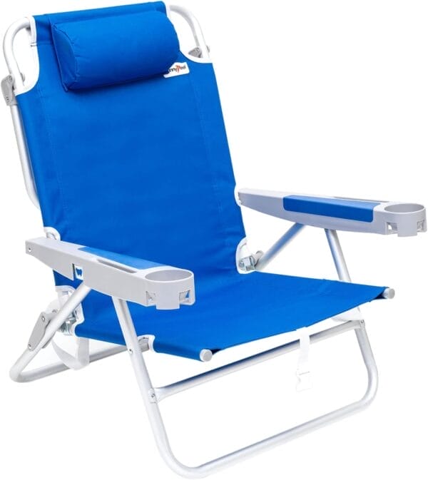 SUNNYFEEL Extra Wide 28" Low Beach Chair 5 Position Lay Flat, XL Oversized Portable Folding Camping Chairs with Cup Holder for Outdoor/Trip, Lightweight Foldable Backpack Beach Chair for Adults