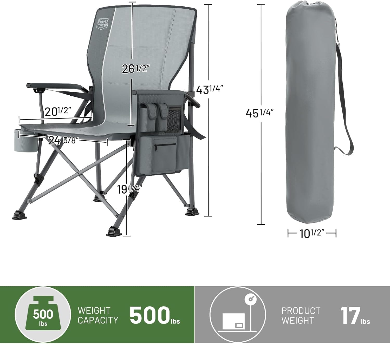 TIMBER RIDGE Oversized Folding Camping Chair with Lumbar Support Adjustable High Back Heavy Duty for Adults Support up to 500lbs with Cup Holder, Cooler Bag, Side Pocket, Grey - Image 2