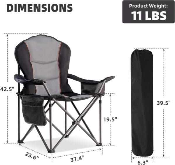 Oversized Camping Chair Heavy Duty 500LBS - Folding Outdoor Chair with Cooler Bag, Storage Pockets, Portable Collapsible Lawn Chairs for Adults (Black & Gray) - Image 2