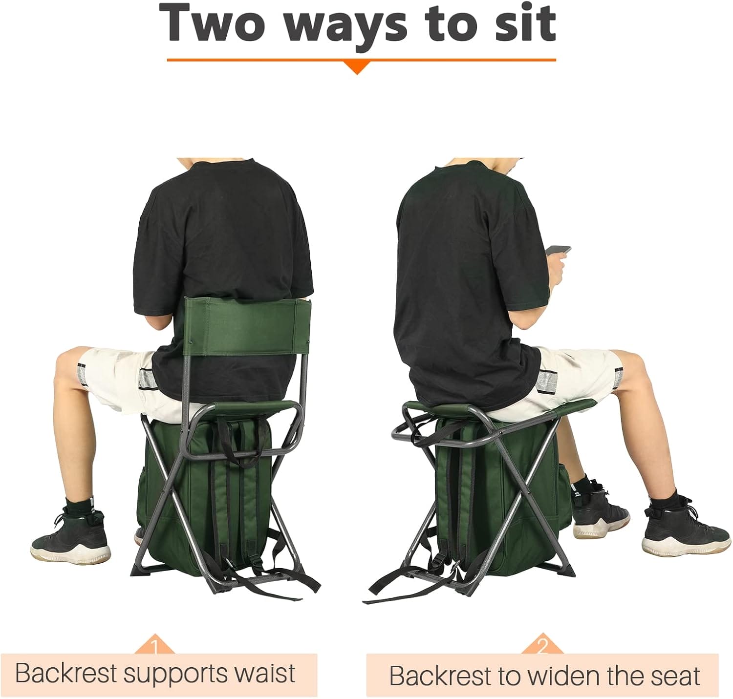 PORTAL Backpack Cooler Chair Fishing Chairs with Backrest Folding Camping Stool Compact for Outdoors Hiking Hunting Travel, Supports 225 lbs - Image 5