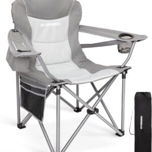 FUNDANGO Folding Camping Chair Heavy Duty, Oversized 440 Lbs Support Outdoor Camp Chairs with Lumbar Support & Cooler Pocket for Fishing Backyard Sports Beach Garden (Grey)