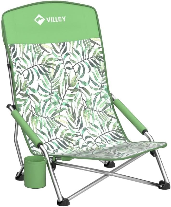 VILLEY Low Beach Chair, High Back Folding Beach Chair for Adults, Lightweight and Portable for Outdoor, Beach, Camping, Lawn, Music Festival, with Cup Holder and Carry Bag-Green Tropical Leaves - Image 5