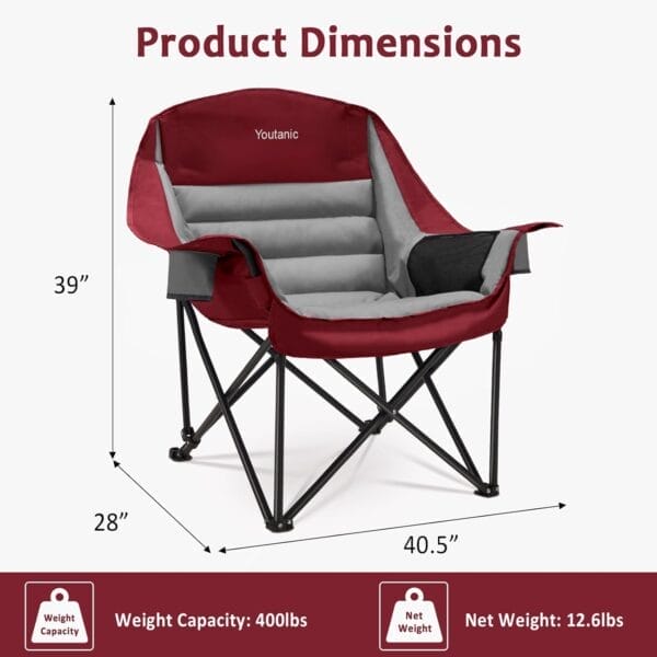 Oversized Camping Chair, Portable Folding Camping Chairs with Side Pocket, Cup Holder and Carry Bag, Heavy Duty Outdoor Camping Chairs for Adults, Fishing, Sports, Trip, up to 400lbs, Style 3 - Image 2