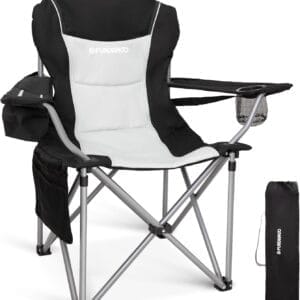 FUNDANGO Folding Camping Chair Heavy Duty, Oversized 440 Lbs Support Outdoor Camp Chairs with Lumbar Support & Cooler Pocket for Fishing Backyard Sports Beach Garden (Black/Grey)