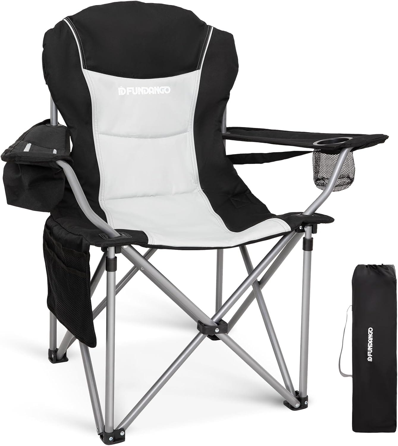 FUNDANGO Folding Camping Chair Heavy Duty, Oversized 440 Lbs Support Outdoor Camp Chairs with Lumbar Support & Cooler Pocket for Fishing Backyard Sports Beach Garden (Black/Grey)