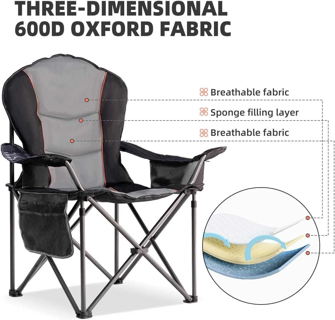 Oversized Camping Chair Heavy Duty 500LBS - Folding Outdoor Chair with Cooler Bag, Storage Pockets, Portable Collapsible Lawn Chairs for Adults (Black & Gray) - Image 7