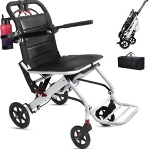 Lightweight Transport Wheelchair with Telescopic Handle, Folding Travel Wheelchairs for Adults Seniors Kids, Portable Padded Transport Chair with Travel Bag, Support 200lbs