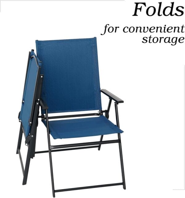 2 Pcs Folding Patio Chairs, Outdoor Dining Chairs with Blue Sling High Back and Armrests Used for Camping Garden Backyard Pool Porch - Image 5