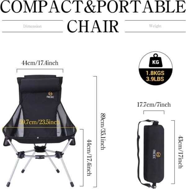 Nice C Ultralight High Back Folding Camping Chair, Backpacking Chair, Compact & Heavy Duty Outdoor, Travel, Picnic, Festival with 2 Side Pockets, Pillow &Carry Bag (Set of 2 Black) - Image 3
