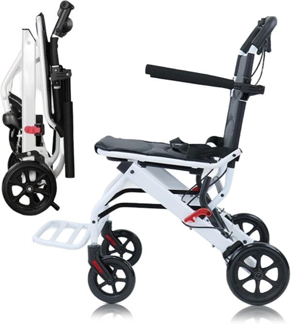 Folding Transport Wheelchair, Lightweight Wheelchair Foldable Travel Wheel Chair for Seniors (only 8.2KG), Portable Transport Chairs with Adjustable Safety Strap, PU Wheels for Smooth Rid for Elderly