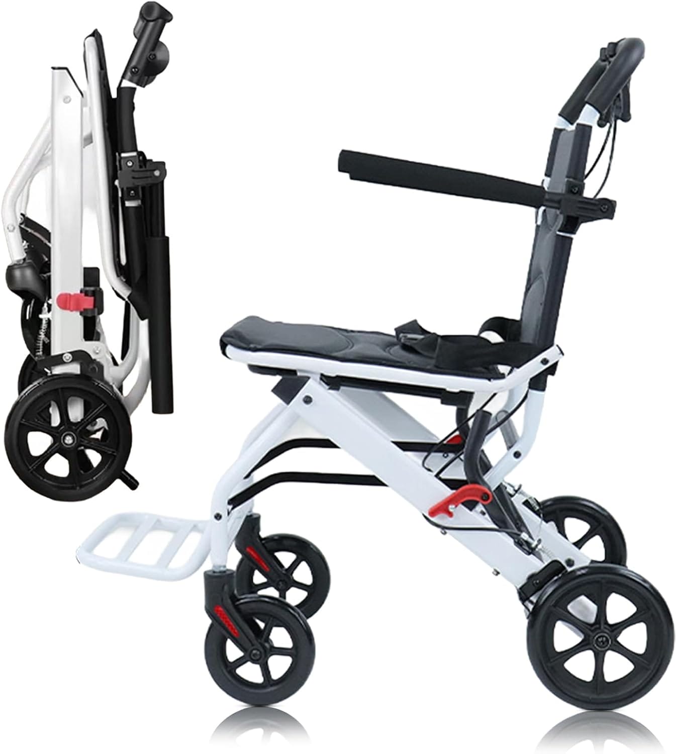 Folding Transport Wheelchair, Lightweight Wheelchair Foldable Travel Wheel Chair for Seniors (only 8.2KG), Portable Transport Chairs with Adjustable Safety Strap, PU Wheels for Smooth Rid for Elderly