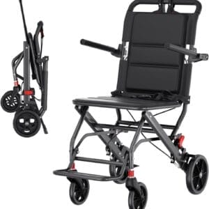 (Only 15lbs) Portable Wheelchair Lightweight Foldable, with Telescopic Handle & Storage Bag & Hand Brake, Transport Travel Wheelchair for Adults