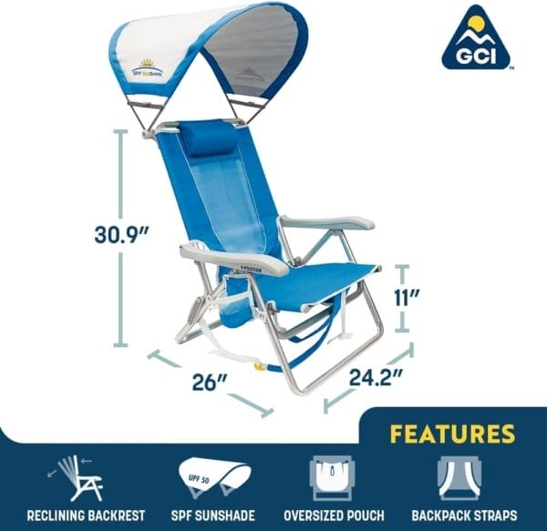 GCI OUTDOOR Sunshade Backpack Beach Chair | Reclining Folding Canopy Chair with Durable Armrests, Drink Holder & Carry Straps, Perfect for Beach Trips & Picnics — Saybrook Blue - Image 3