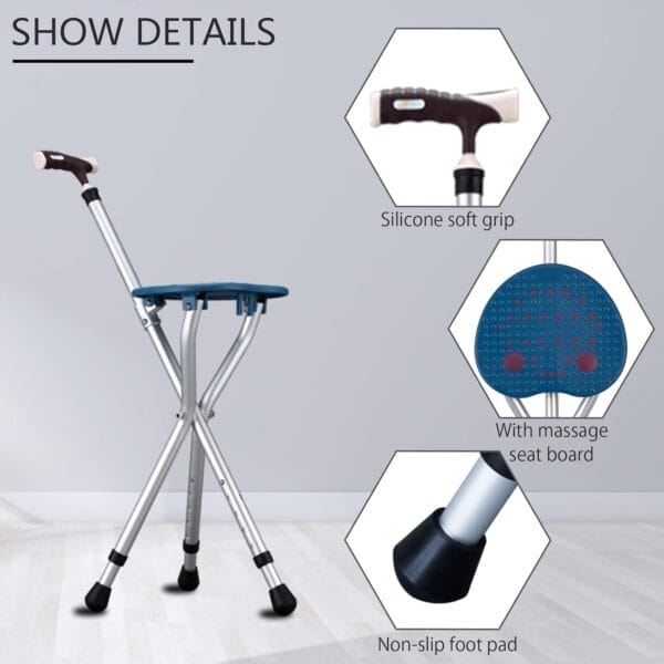 Hold 440 lbs Folding Canes with Seat Walking Stick Height Adjustment Cane Seat Capacity Frosted Handle with Magnetic Therapy Stone Massage Crutches Stool - Image 2