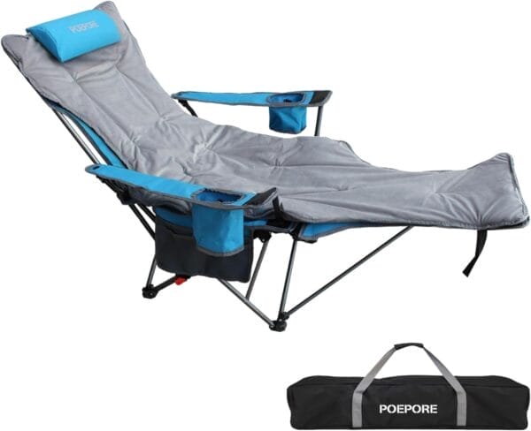 Reclining Camping Chair with Removable Footrest Lounge Chair with Headrest, Cotton Cushion, Portable Adjustable Folding Chairs for Adults Blue