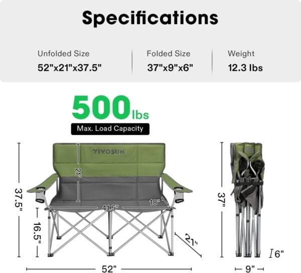 VIVOSUN Double Camping Chair, Fully Padded Folding Loveseat, Portable Oversized Duo Chair with Storage Cup Holders, Height-Adjustable Armrests & Carry Bag, Supports up to 500lbs, Green & Grey - Image 2