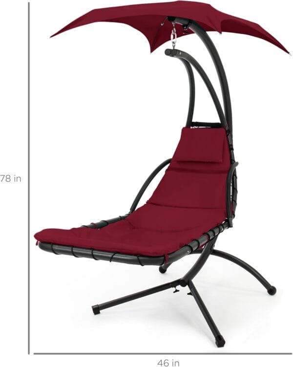 Best Choice Products Outdoor Hanging Curved Steel Chaise Lounge Chair Swing w/Built-in Pillow and Removable Canopy - Burgundy - Image 2