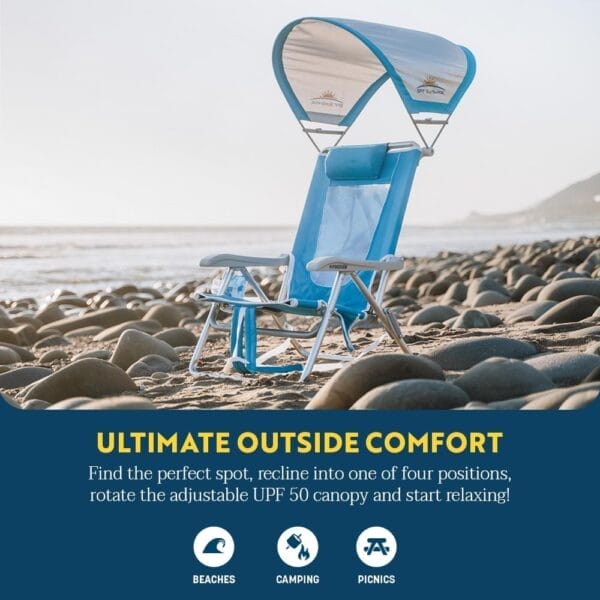 GCI OUTDOOR Sunshade Backpack Beach Chair | Reclining Folding Canopy Chair with Durable Armrests, Drink Holder & Carry Straps, Perfect for Beach Trips & Picnics — Saybrook Blue - Image 4