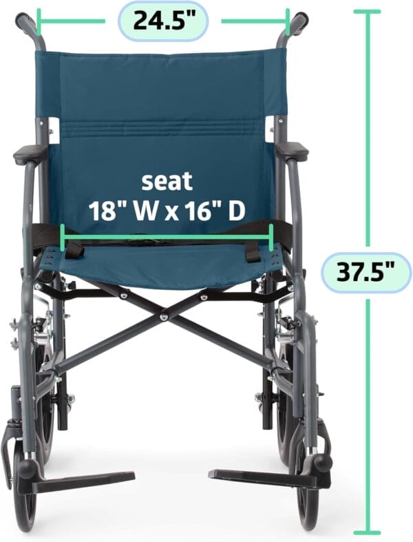 Medline Durable Folding Steel Transport Wheelchair with 12-Inch Wheels, 19-Inch Seat Width, Gray Frame, Microban, Teal Upholstery - Image 6