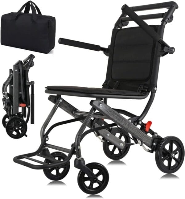 World's Lightest (Only 15lbs) Portable Transit Travel Wheelchair, Folding Transport Wheelchairs for Adults and Seniors Support 220lbs, Lightweight Aluminum Wheelchair for Elderly