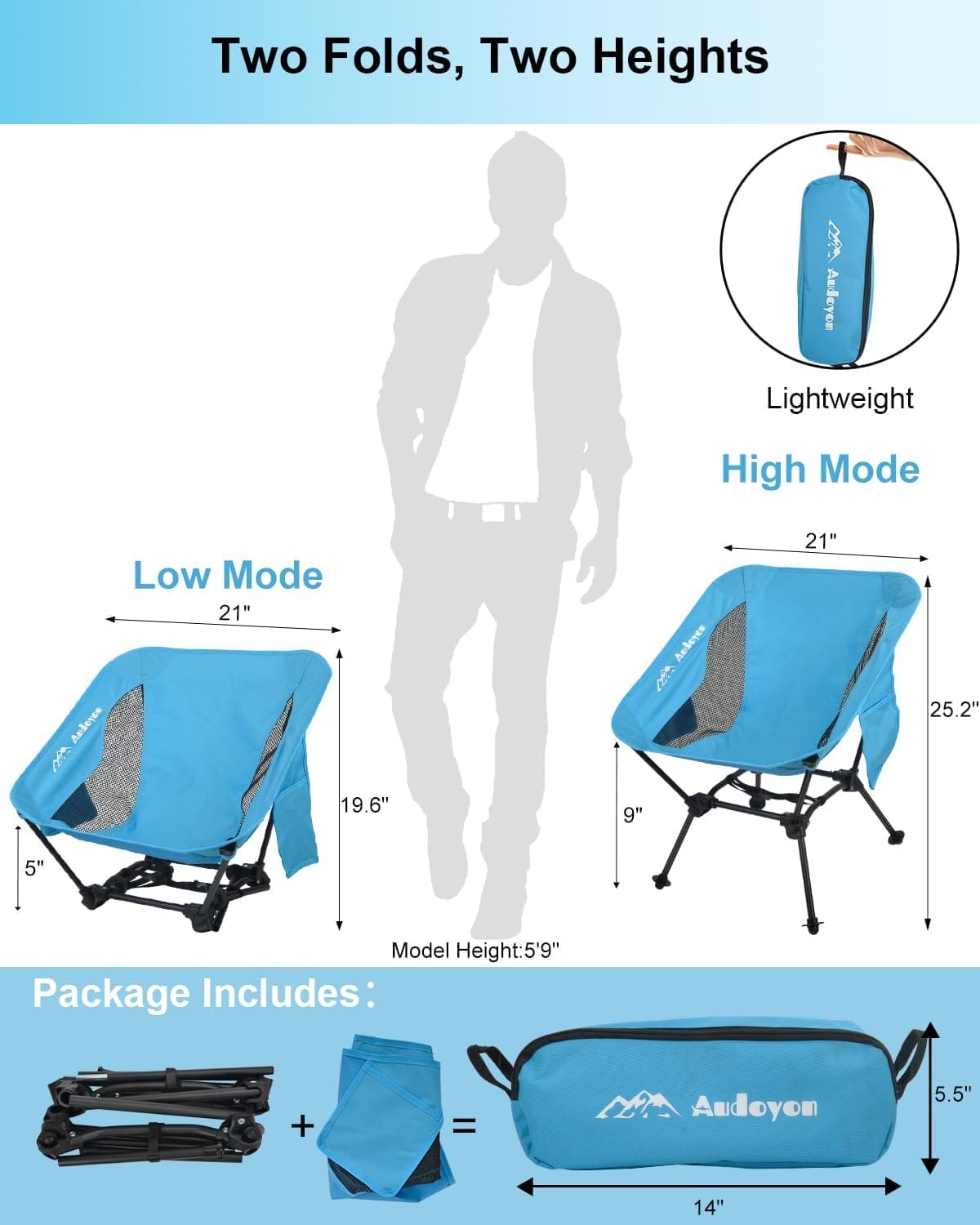 Folding Camping Chairs, Adjustable Backpacking Chair, Portable Beach Chair with Side Pockets, Compact Lawn Chairs for Adults, Travel, Beach, Hiking (Blue) - Image 2