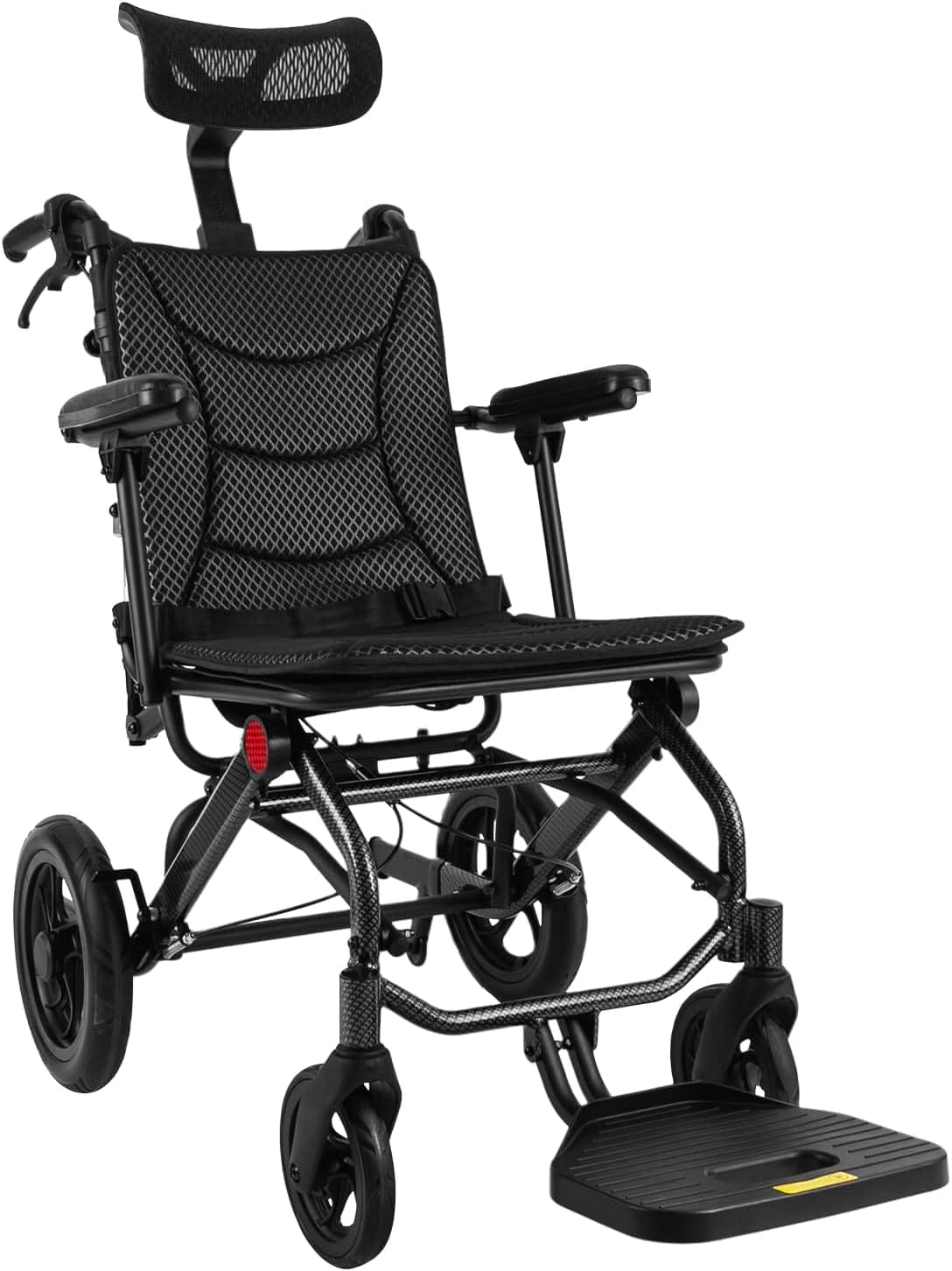 Lightweight Reclining Travel Wheelchair, Folding All Terrain Reclining Transport Wheelchair for Adults and Seniors, 18.11in Reclining Seat with Adjustable Backrest & Headrest, Support 286lbs