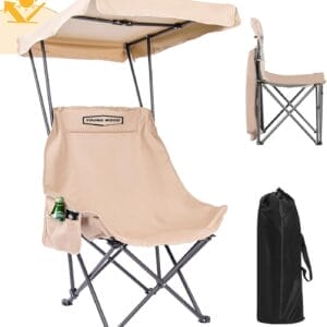 YOUNG WOOD Portable Camping Chair Beach Chair with Shade Canopy, Fold Lightweight Oversized Suit for All, Easy to Open,Close Without Installation, Side Pocket Design for All Outdoor Activities,Khaki