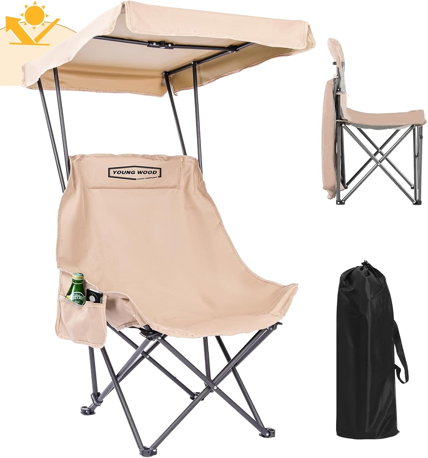 YOUNG WOOD Portable Camping Chair Beach Chair with Shade Canopy, Fold Lightweight Oversized Suit for All, Easy to Open,Close Without Installation, Side Pocket Design for All Outdoor Activities,Khaki