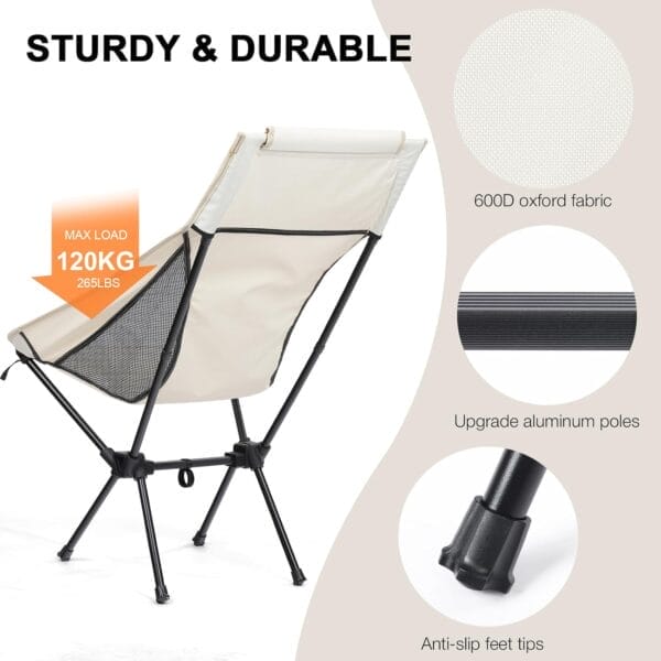 Folding Camping Chairs Men Women, High Back Beach Camping Chairs for Adults, Lightweight Backpacking Travel Chair for Hiking Outside Picnic, White - Image 5