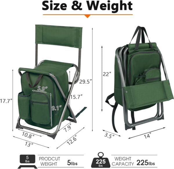 PORTAL Backpack Cooler Chair Fishing Chairs with Backrest Folding Camping Stool Compact for Outdoors Hiking Hunting Travel, Supports 225 lbs - Image 3