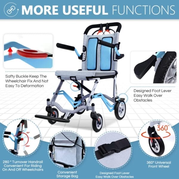 Ultra-Light Transport Wheelchair - Folding Portable Wheelchair with Hand Brake - Trolleys for Elderly Aircraft Travel - Image 4