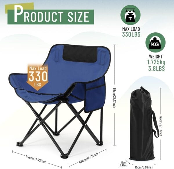2 Pack Compact Camping Chairs Portable Folding for Outside with Carry Bag Lightweight Moon Chairs for Travel Picnic Hiking Beach Fishing, 600D Oxford, Supports 330lbs(Blue) - Image 2