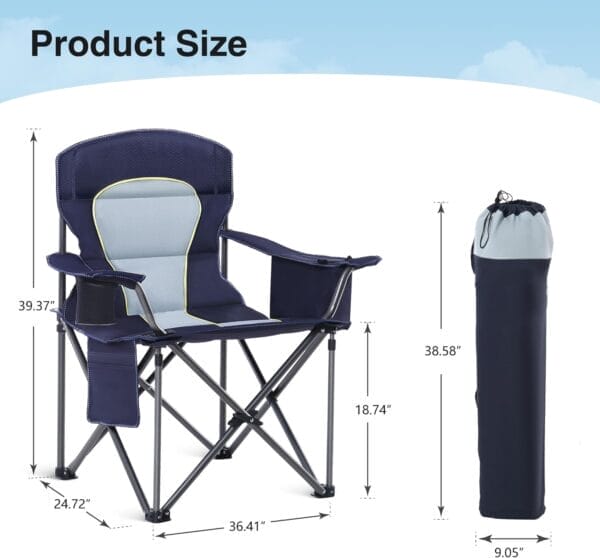 Oversized Camping Folding Chair, Heavy Duty Portable Outdoor Chair, Foldable Camp Chair with Cup Holder and Cooler Bag Support 450 LBS, 2 Pack, Dark Blue - Image 2