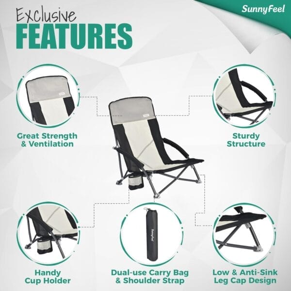 SUNNYFEEL Folding Low Camping Beach Chair 2 Pack, Lightweight Portable Lawn Chair with Mesh Back, Cup Holder for Outdoor/Travel/Picnic/Concert, Foldable Camp Backpack Chair with Carry Bag - Image 6