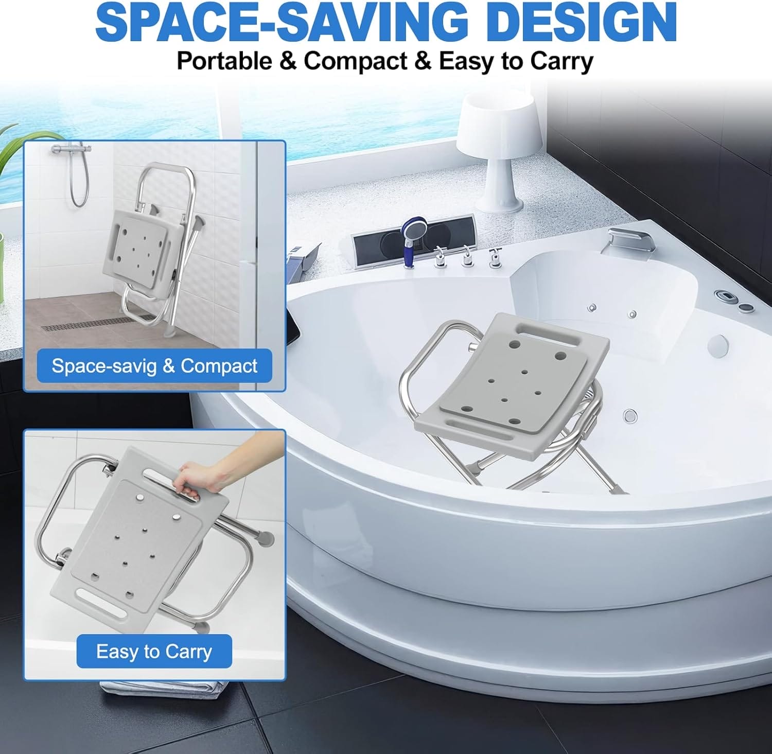 Folding Shower Chair Seat, 17.5" Stainless Steel Small Shower Chair for Inside Shower with Pad, 400lbs Portable Travel Shower Stool, Safety Anti-Slip Bath Chair for Seniors, Disabled, Gray - Image 7