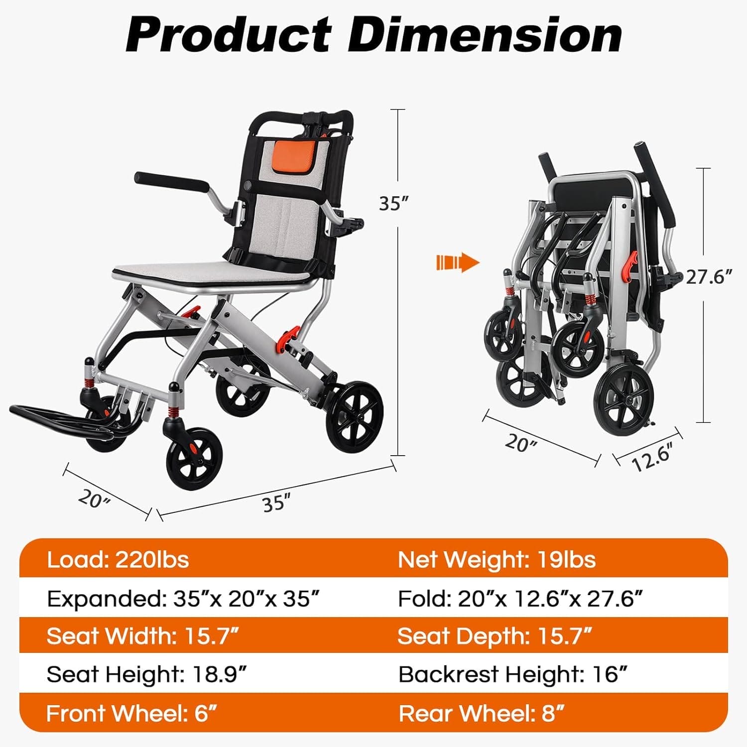 Ultra-Light Transport Wheelchair (only 15lb), Folding Portable Wheelchair with Hand Brake, Trolleys for Elderly Aircraft Travel, Wheelchairs for Adults (with Travel Bag) - Image 3